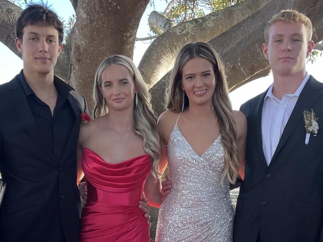 Luke Strong, Mikala Campbell, Poppy Robinson and Harry Kilburn at the Ballina RSL for the Emmanuel Anglican College formal on November 8, 2023. Picture: Savannah Pocock