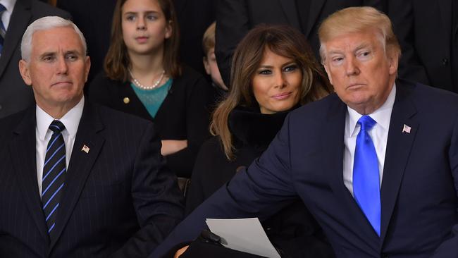 Trump’s awkward gesture towards Pence caught on camera. Picture: Mandel Ngan/AFP