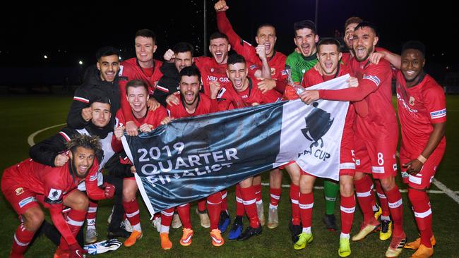 Hume City celebrates its Round of 16 win over Adelaide Olympic.