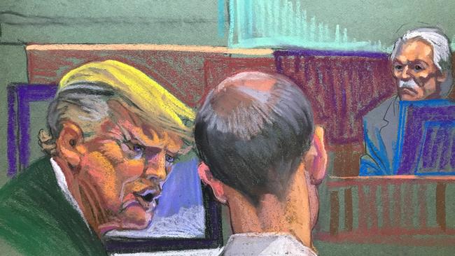 Trump turns to his counsel as David Pecker, the “tabloid king”, takes the stand. Picture: Christine Cornell, via The Times