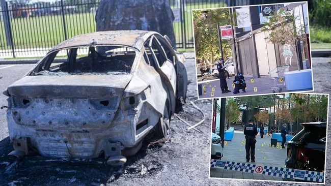 A burnt-out car, main picture, which is believed to be linked to the shooting outside a barber shop overnight. Pictures: News Corp/Supplied