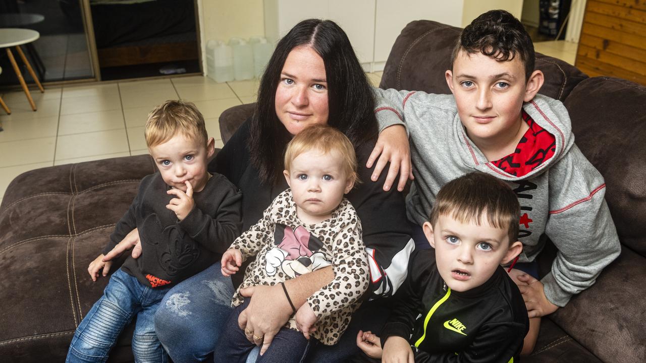 Pregnant mother Hayley Ebborn in the Wilsonton rental property she has no alternative but to stay in even though she is worried about the health of her young family (from left) Braxton, Skylah, Anthony and (front) Jarrell Forsyth due to mould and dampness issues, Sunday, May 8, 2022. Picture: Kevin Farmer