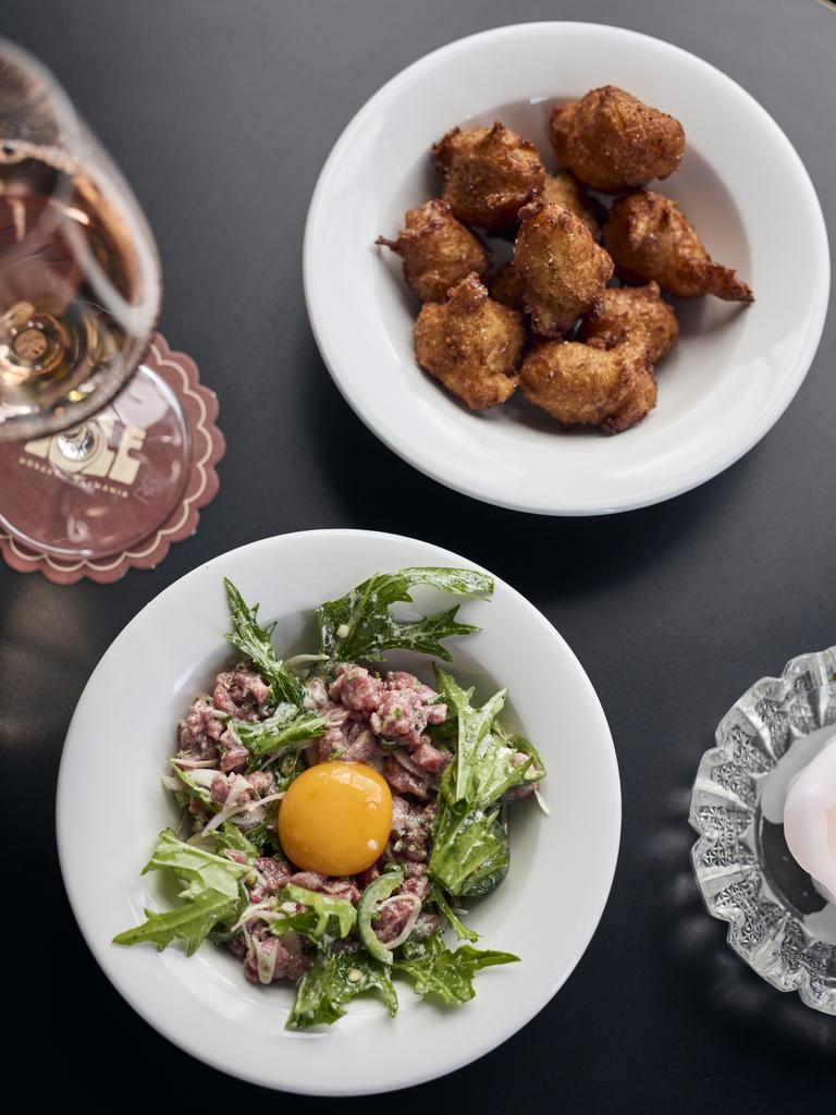 Food at Ogee in Hobart. Beef tartare and pomme dauphine. Picture: Supplied.