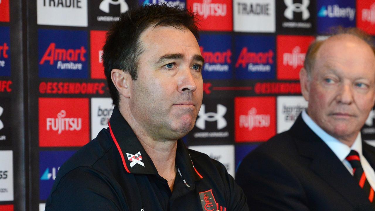 Newly-appointed Essendon senior coach Brad Scott, with Essendon President David Barham, speaking to the media. Picture: Nicki Connolly (NCA NewsWire)