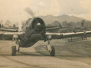 “My father Edward ‘Ted’ Tamsett. Dad served in the RAAF as ground crew engineer working on the planes as the flew missions out Nadzab and Dobodura in New Guinea. The picture shows returning to Nadzab, the ground crew sitting on the wings to guide the pilots back to the maintenance area after they had been on a mission. I think Dad is on the first plane’s wing on the right but I am not sure.” Picture: Supplied by Maree Argy