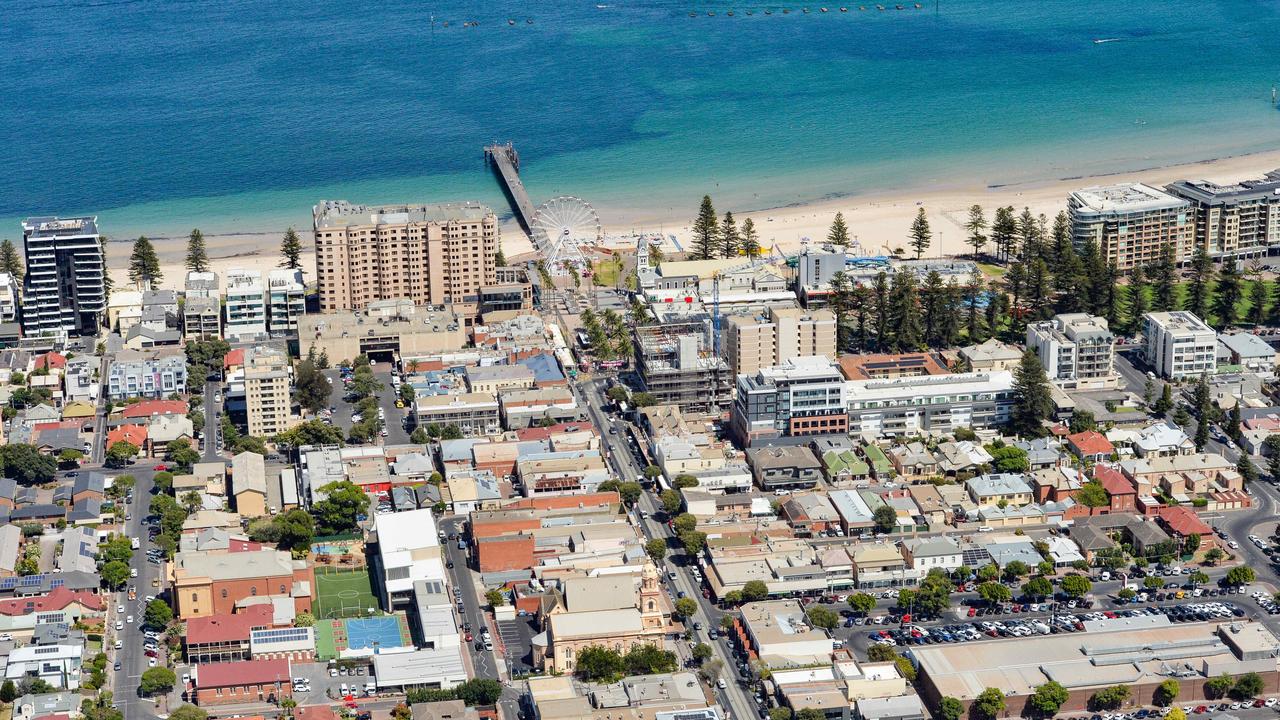 Jetty Rd and Glenelg beach as seen from the air. Picture: Brenton Edwards