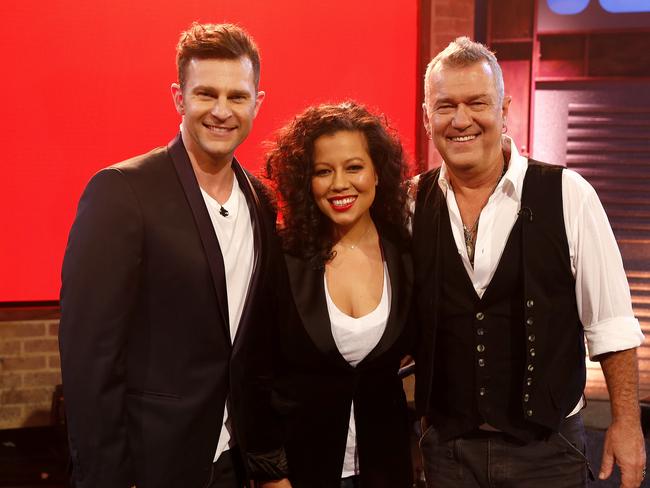 A family affair! Jimmy Barnes, far right, with his son David Campbell (far left) and daughter Mahalia Barnes, centre, pictured in 2013. Picture: Brad Hunter