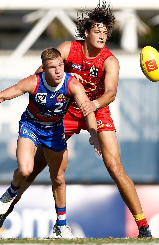 Robbie McComb of the Bulldogs and Edward Moyle of the Suns in action during the 2023 VFL Round 10 match between the Gold Coast Suns and the Footscray Bulldogs at TIO Stadium. (Photo by Michael Willson/AFL Photos via Getty Images)