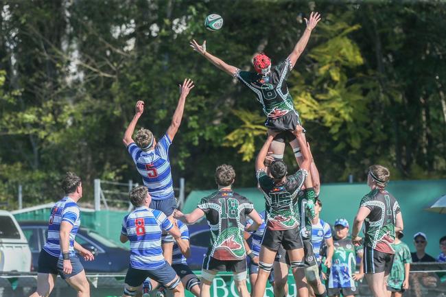 Gray O’Neill (red headgear). GPS First XV rugby between Nudgee College and BBC. Photos by Stephen Archer