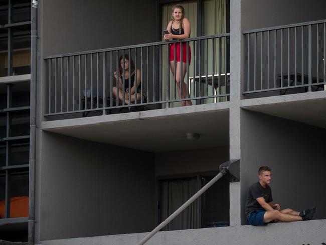 Nathan Maufe  (bottom right) from the UK is stranded in Cairns and staying at Gilligans. He desperately wants to go home but can't afford the $3000 plus one way airfares each. Picture: Marc McCormack