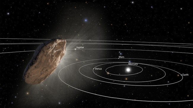 This artist’s illustration shows the wayward interstellar visitor ‘Oumuamua (pronounced oh-MOO-ah-MOO-ah) racing toward the outskirts of our solar system. The object, heated by the Sun (lower right), is venting gaseous material from its surface, as a comet would. Picture: NASA, ESA and Joseph Olmsted and Frank Summers