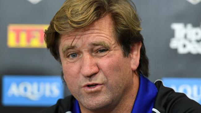 Bulldogs coach Des Hasler looks on during a press conference following the round 25 NRL match between the Gold Coast Titans and the Canterbury Bulldogs at Cbus Stadium on the Gold Coast, Saturday, August 26, 2017. (AAP Image/Dave Hunt) NO ARCHIVING, EDITORIAL USE ONLY