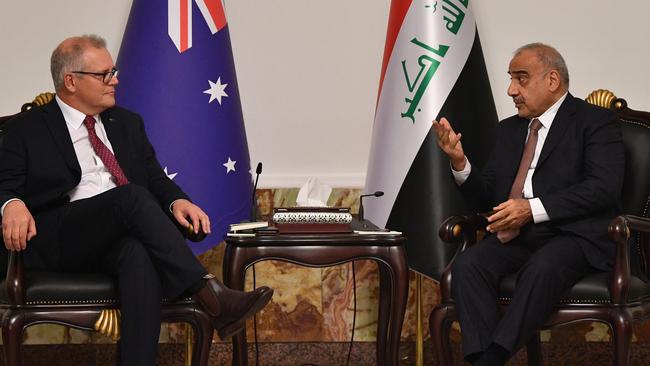 Scott Morrison in talks with Adil Abdul-Mahdi. Picture: AAP. 