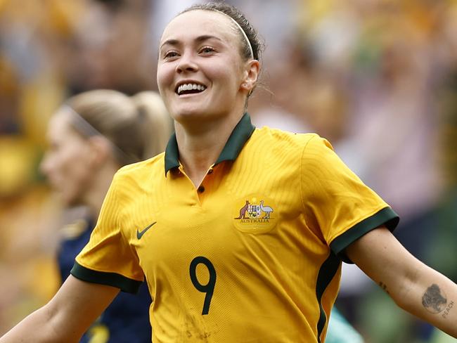 MELBOURNE, AUSTRALIA - NOVEMBER 12: Caitlin Foord of the Matildas celebrates a goal  during the International friendly match between the Australia Matildas and Sweden at AAMI Park on November 12, 2022 in Melbourne, Australia. (Photo by Darrian Traynor/Getty Images)