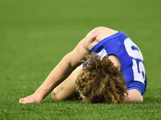 Brown was left sprawled on the ground after the tackle. Picture: Getty Images