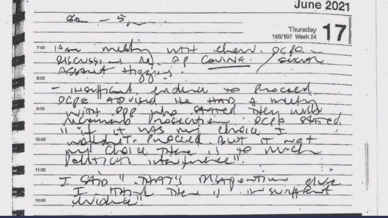 The diary note tendered to the inquiry by police.