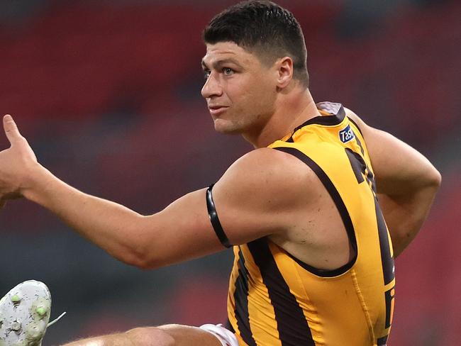 Hawthorn's Jonathon Patton kicks during the AFL match between Collingwood and Hawthorn at Giants Stadium on July 10th 2020, Sydney. Picture. Phil Hillyard