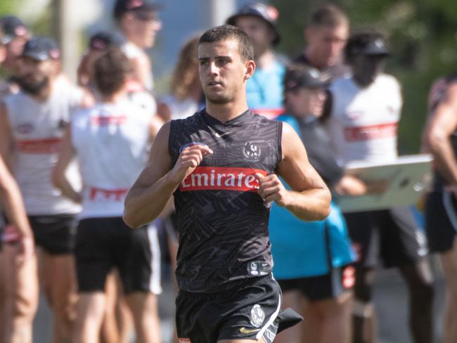 Nick Daicos. Collingwood pre-season training and match simulation. Picture: Tony Gough