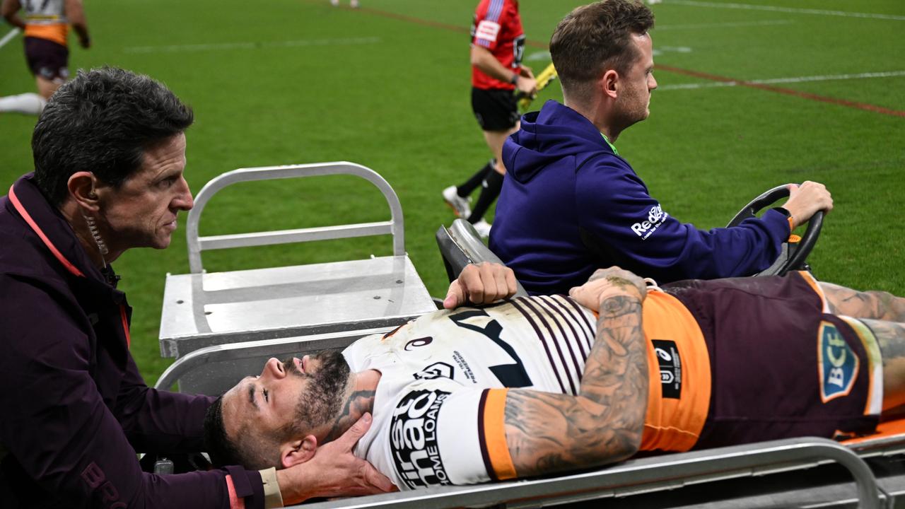 Broncos skipper Adam Reynolds is in danger of missing their clash against Penrith, after coming off the field on a medicab against Melbourne. Picture: NRL photos.