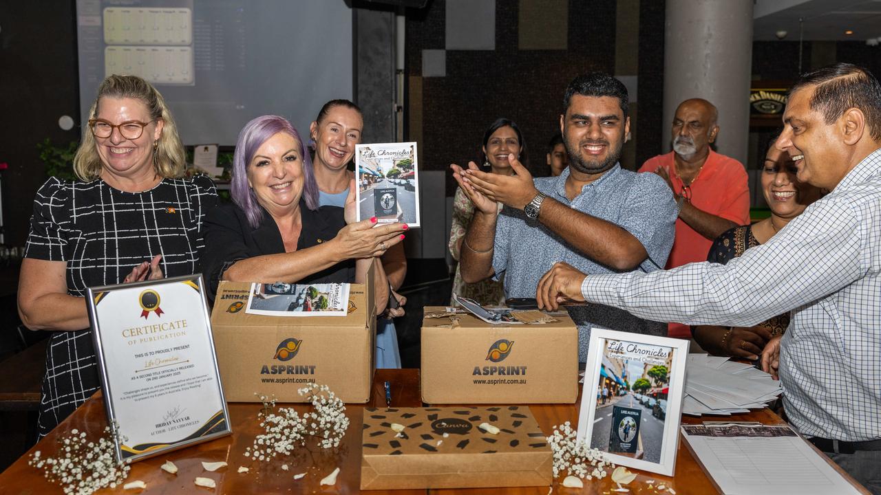 Minister Marie-Clare Boothby, Minister Robyn Cahill and Hriday Nayyar at the Darwin Waterfront for the launch of the new book Life Chronicles: Experiences and Challenges. Picture: Pema Tamang Pakhrin