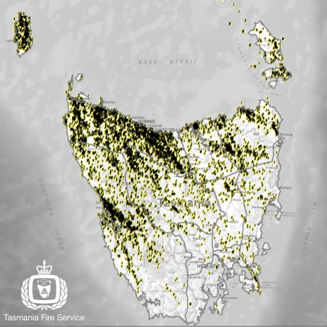 A map of lightning strikes in Tasmania on Wednesday. Picture: Supplied.