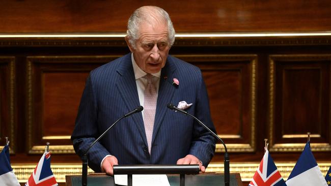 Britain's King Charles addresses Senators and members of the National Assembly at the French Senate, the first time a member of the British Royal Family has spoken from the Senate Chamber. Picture: AFP