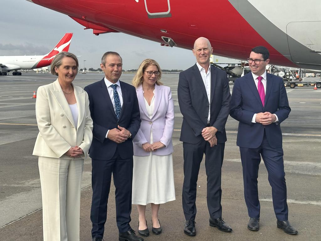 Qantas CEO Vanessa Hudson, WA Premier Roger Cook, Deputy Premier Rita Saffiotti, Perth Airport CEO Jason Waters and Perth MP Patrick Gorman. Picture: Emma Kirk