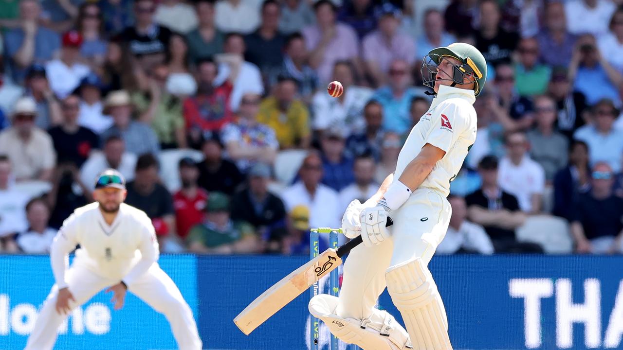 Marnus Labuschagne ducks under a Mark Wood bouncer. Picture: Getty