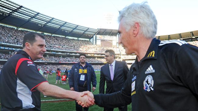 Ross Lyon and Mick Malthouse after the 2010 Grand Final Replay. Picture: News Limited