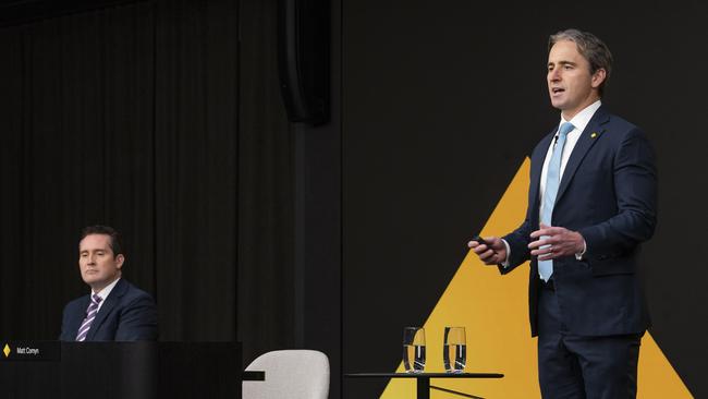 Commonwealth Bank CFO Alan Docherty listens on as chief executive Matt Comyn speaks.