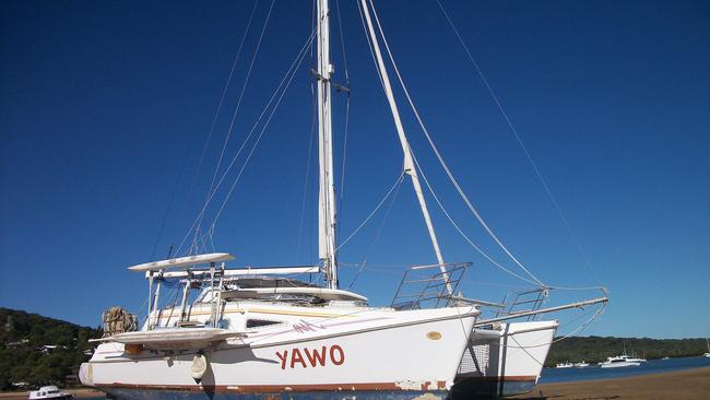 Raffaele Pagliarini's catamaran Yawo, which caught on fire and sank on Saturday.