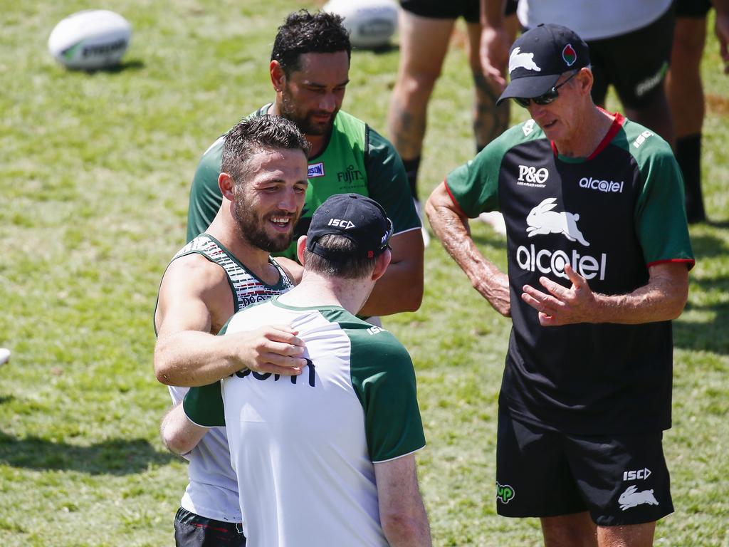 South Sydney Rabbitohs player, Sam Burgess pictured talking to a fan, at a training session at Redfern Oval after splitting with wife Phoebe Burgess. Picture: Dylan Robinson