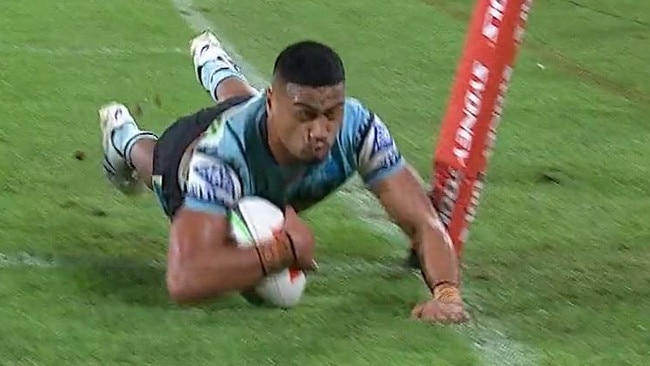 Ronaldo Mulitalo attempts a try during the Cronulla-Canterbury fixture at Accor Stadium. Photo: Fox League