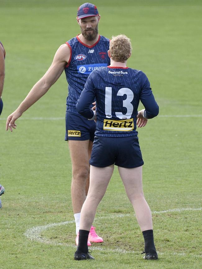 Max Gawn and Clayton Oliver at Melbourne Football Club training at Casey Fields. Picture: Andrew Henshaw