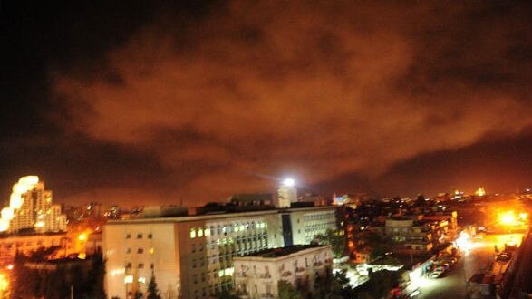 A Twitter photo from the Syrian government’s central military media of an explosion on the outskirts of Damascus.