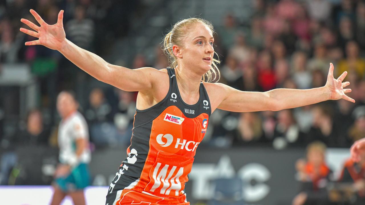 LAUNCESTON, AUSTRALIA - MAY 18: Maddie Hay of the GWS Giants defends in the round 10 Super Netball match between Collingwood Magpies and GWS Giants at Silverdome, on May 18, 2022, in Launceston, Australia. (Photo by Simon Sturzaker/Getty Images)