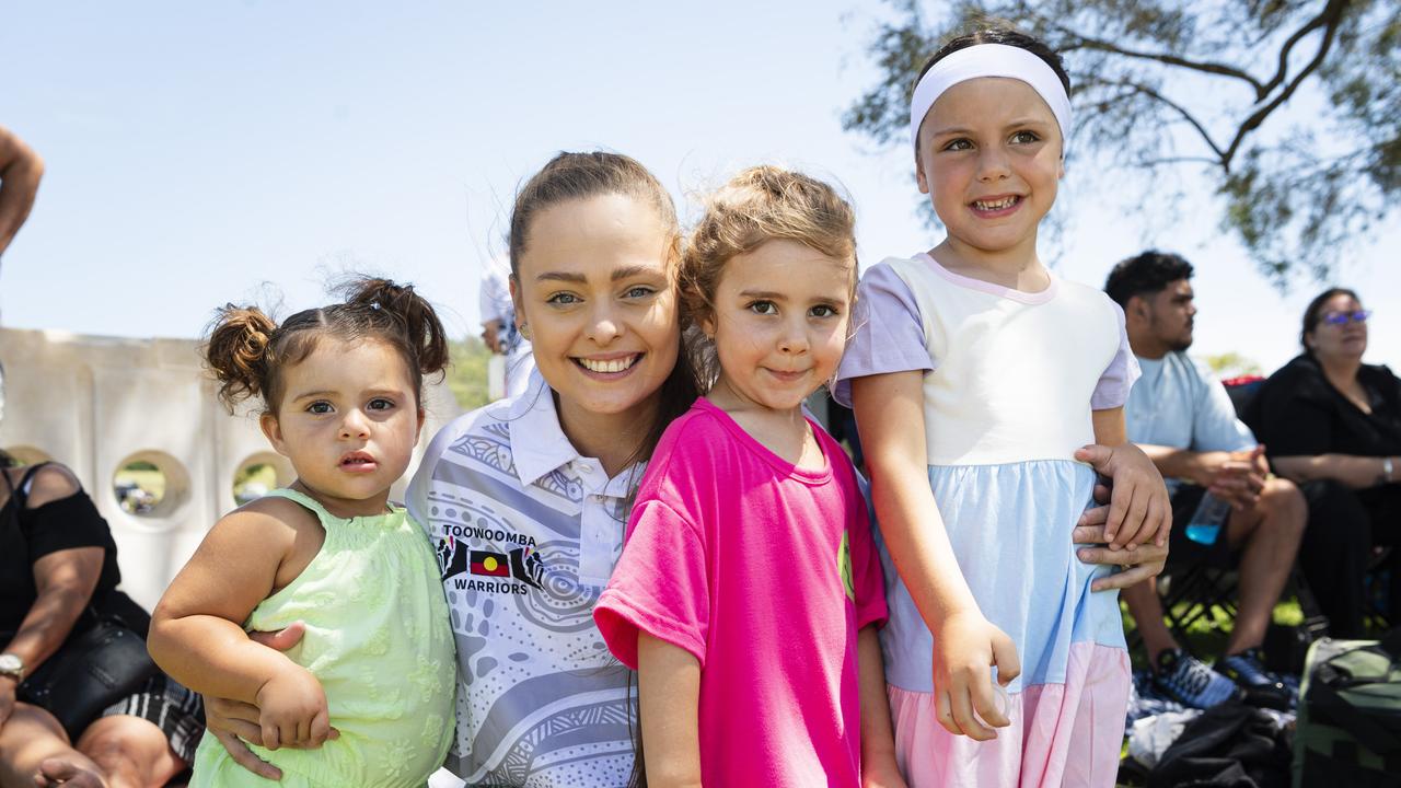 At the Warriors Reconciliation Carnival are (from left) Kolbee Ryan, Monique Cole, Gracie Ryall and Ashara Peterson supporting the Maranoa Murrdies at Jack Martin Centre, Saturday, January 25, 2025. Picture: Kevin Farmer