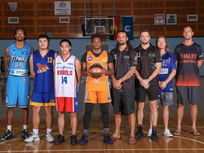 Darwin Basketball League men’s player representatives. From left: Raymond Jarrett (Ellas), Dante Ah Sam (Jets), Mixon Laurel (Rebels), Elijah Barbour (Cannons), Jesse Bell and Tom Godwin (Palmerston), Matty Hunt (Ansett) and David Oates (Eagles) ahead of the 2021 season, which starts tonight. Picture: Glenn Campbell