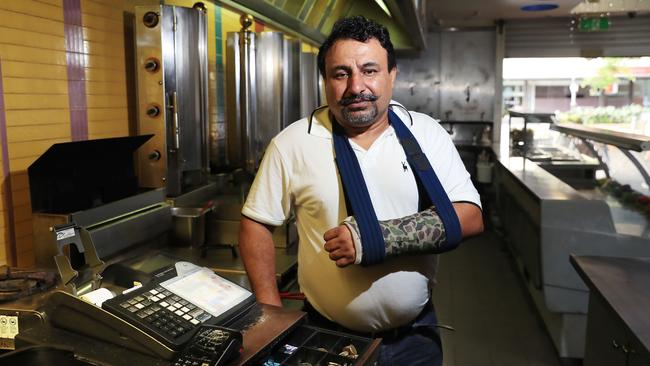 Ali Kebabs owner Syed Ali was attacked in his own kebab shop in the early hours of Monday morning. The offender smashed Mr Ali's cash register and EFTPOS machine, leaving him unable to open the shop. Picture: Brendan Radke