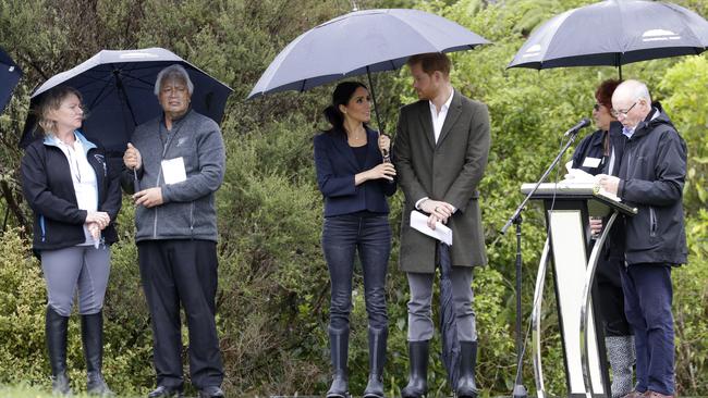 Britain's Prince Harry and Meghan, Duchess of Sussex attend a ceremony to dedicate a 20-hectare area of native bush to the Queen's Commonwealth Canopy in Auckland this morning. Picture: Kirsty Wigglesworth/AP