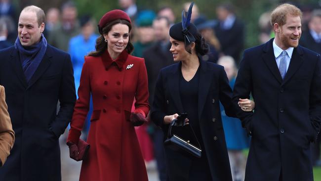 Fab Four no more .... Prince William, Duke of Cambridge, Catherine, Duchess of Cambridge, Meghan, Duchess of Sussex and Prince Harry, Duke of Sussex arrive to attend Christmas Day Church service at Sandringham last year.