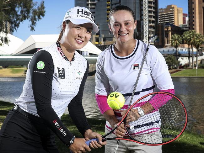 Australia’s top-ranked women in their respective sports: Minjee Lee (golf) and Ash Barty (tennis) ahead of the Adelaide International at Memorial Drive. Picture: Sarah Reed