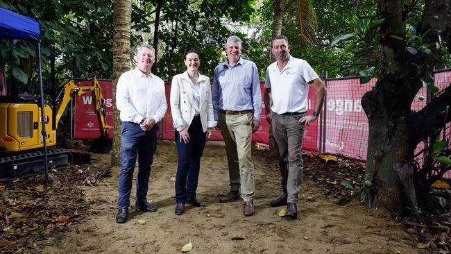 Member for Cairns Michael Healy, Queensland Environment Minister Leanne Linard, Queensland Tourism Minister Stirling Hinchliffe and Member for Barron River Craig Crawford stand at the start of the trail at Palm Cove earlier this year. Picture: Brendan Radke