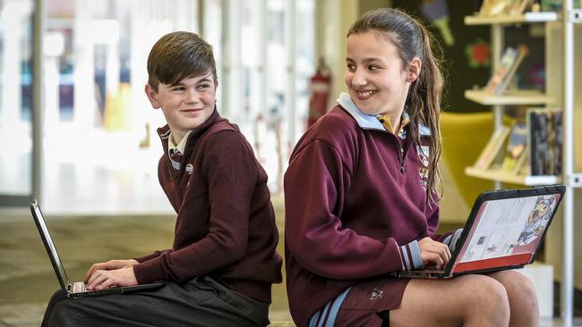 Charlie Donaghey and Sophia Monarioyis, students at St John’s Grammar School in Adelaide, were among the children who took part in Storyathon. Picture: Roy Van Der Vegt