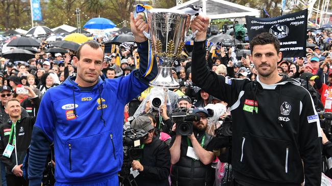 West Coast Eagles captain Shannon Hurn (left) and Collingwood Magpies captain Scott Pendlebury in the AFL Grand Final Parade. Picture: AAP / Julian Smith