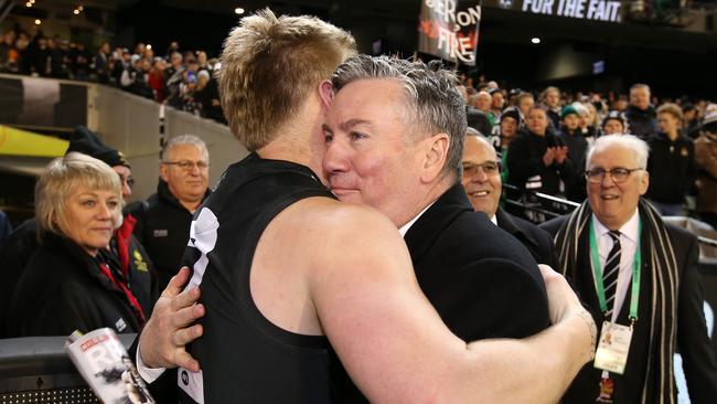 Eddie McGuire hugs Jordan De Goey after the win. Pic: Michael Klein