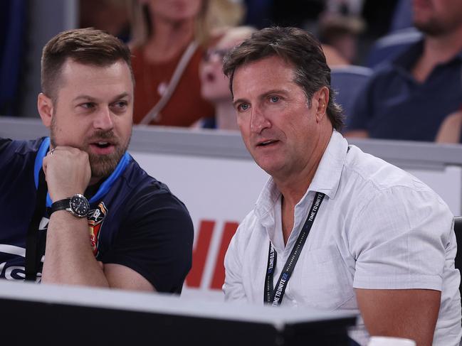 MELBOURNE, AUSTRALIA - FEBRUARY 11: AFL Bulldogs head coach Luke Beveridge looks on during the round 19 NBL match between Melbourne United and New Zealand Breakers at John Cain Arena, on February 11, 2024, in Melbourne, Australia. (Photo by Daniel Pockett/Getty Images)