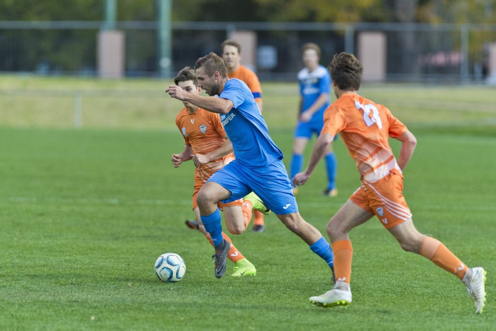 Anthony Grant on the move for South West Queensland Thunder against Cairns FC in NPL Queensland men round 26 football at Clive Berghofer Stadium, Saturday, August 25, 2018. Picture: Kevin Farmer