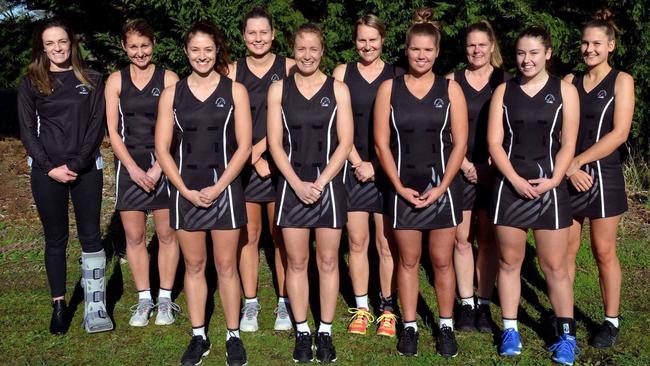 Kalangadoo A-grade side, from back left, Shauni Cunningham, Jayde Peacock, Jazzy Croser, Melissa Russell, Narelly Ryan, Chelsea Croser. From front left, Abbey Duncan, Kirsty Egan (coach), Chloe Pratt, Georgia Duncan.