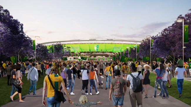 An artist’s impression of the north eastern view of Woolloongabba and The Gabba Stadium. Picture: Supplied